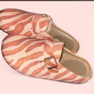 Womens Pink Zebra Print Buckle Mules